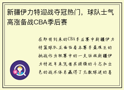 新疆伊力特迎战夺冠热门，球队士气高涨备战CBA季后赛